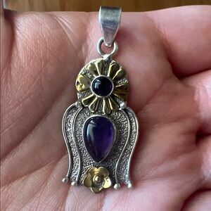 .925 Silver and Gold Tone Double Amethyst Pendant